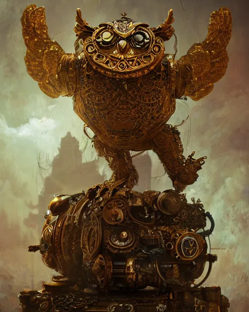 Image similar to oil painting of ornate intricate golden Steampunk owl Golem fighting chinese dragon, sharp focus, fantasy style, steampunk city background, octane render, volumetric lighting, 8k high definition, by greg rutkowski, highly detailed, trending on art Station