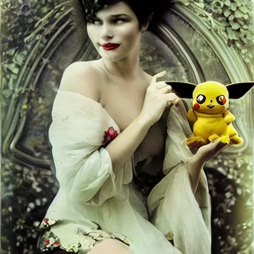 Image similar to elegant woman dressed up as pikachu, art photo by Annie Liebovitz and Alphonse Mucha