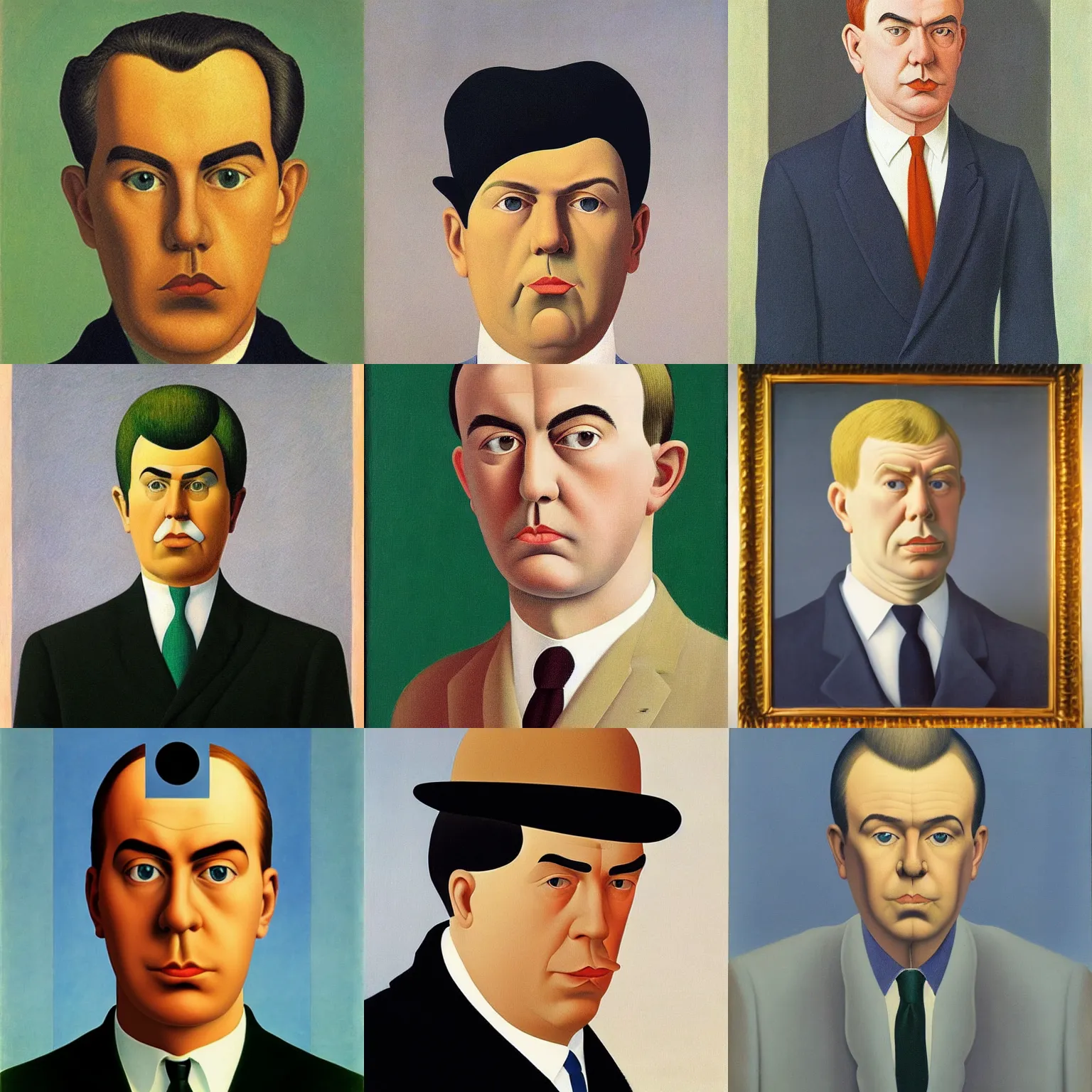 Prompt: Self-portrait without a beard by Rene Magritte