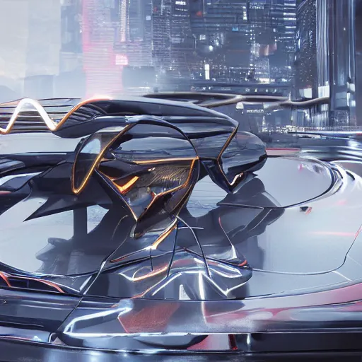 Image similar to car : motherboard forms designed by zaha hadid sci-fi futuristic ultra realistic photography, keyshot render, octane render, unreal engine 5 render, high oiled liquid glossy specularity reflections, ultra detailed, golden hour, dramatic lighting 4k, 8k, 16k in the style ofblade runner 2049 Cyberpunk 2077 ghost in the shell thor 2 marvel film : tilt shift: sharp focus