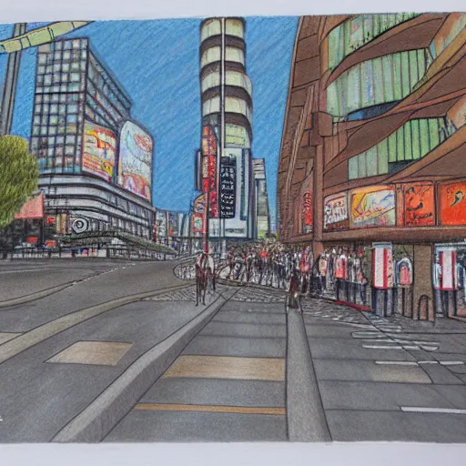 Prompt: chibuya crossing, colored pencil drawing
