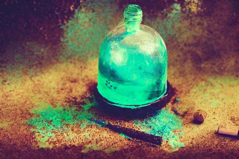 Prompt: small potion with a cork top filled with a green and turquoise gradient liquid, magical potion, glowing liquid, fantasy, on a desk, old film photo