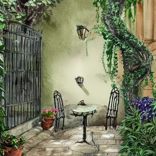 Image similar to delicate, monkey on chairs, garden, paved, botanic watercolors, iridescent, 8 k, realistic shaded, fine details, artstation, italian, iron gate, tree, mediterranean, marvelous