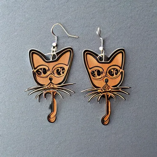 Image similar to 2d lasercut cat earrings, popular on artstation, popular on deviantart, popular on pinterest