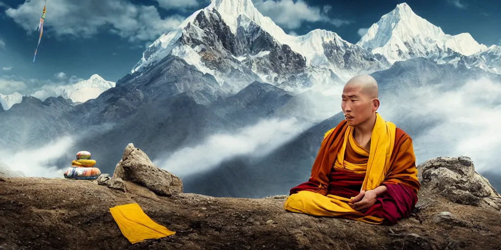 Image similar to oil matte portrait of tibetan monk sitting at a mountain peak praying, with tibetan prayer flags going up the summit, cinematic lighting, deep focus, sharp focus, golden ratio, dramatic illumination, hdr, ultra realistic, 8 k, highly detailed, trending on artstation, epic composition, by caravaggio, by artemisia lomi gentileschi