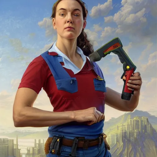 Image similar to epic portrait a slightly muscular woman wearing short sleeved uniform and carrying a red power tool drill, detailed, centered, digital painting, artstation, concept art, donato giancola, Joseph Christian Leyendecker, WLOP, Boris Vallejo, Breathtaking, 8k resolution, extremely detailed, beautiful, establishing shot, artistic, hyperrealistic, beautiful face, octane render