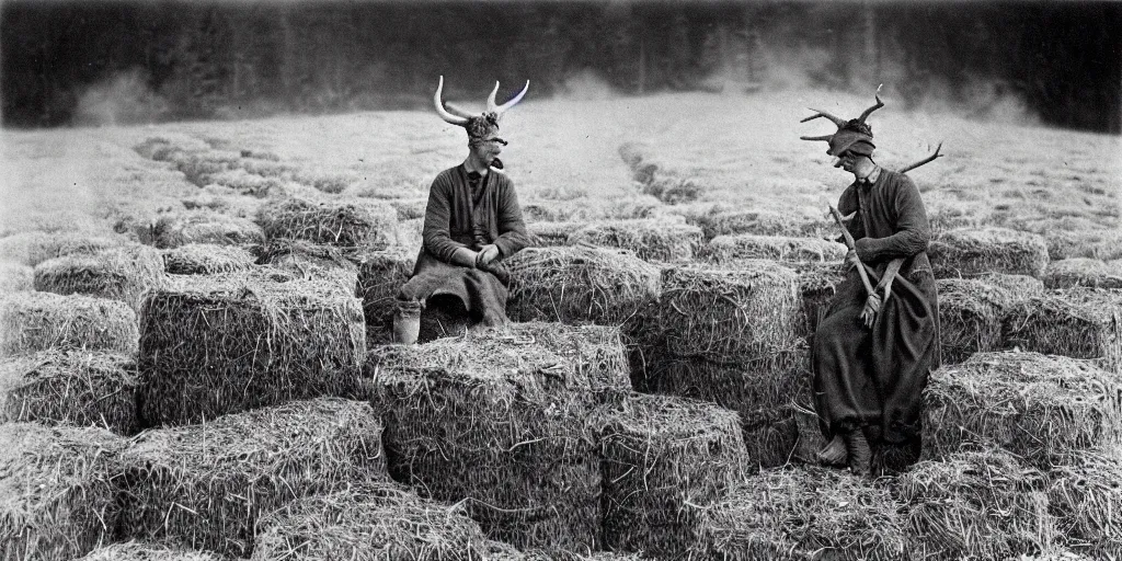 Prompt: 1 9 2 0 s spirit photography of mysterious scene of tyrolean farmer in alpine farm cloths transforming into hay man with horns, sickles, scythes, farm wagon, roots and edelweiss growing out of the body, smoke from mouth, casting a root spell, inviting hand, by william hope