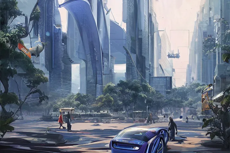 Prompt: the Supreme millionaire walks on the footpath of the bustling Solarpunk Australian city, blue sky, hover cars and futuristic public transport, eco-friendly theme, telephoto lens, low shot camera angle, hyperdetailed artstation, concept art, sci-fi illustration, digital art, by James Gurney, by Stephan Martiniere