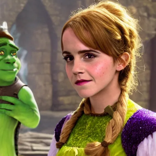 Prompt: A still of Emma Watson in Shrek movie