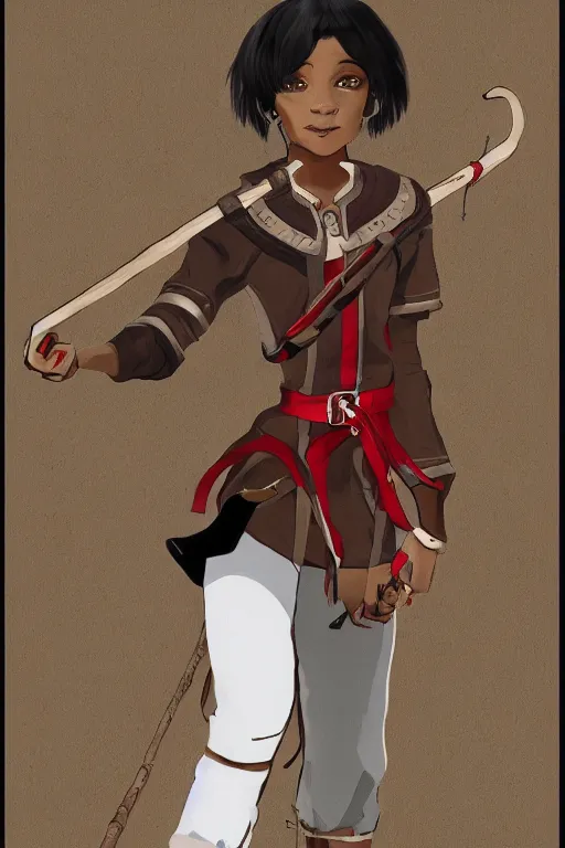 Image similar to young-looking dark-skinned female mage with brown bob-cut hair, wearing white shirt and necklace with grey short-sleeved jacket with red trim, belt, black pants and boots with red lacing, and carrying a wooden staff with floating red crystals. illustrated by Viorie