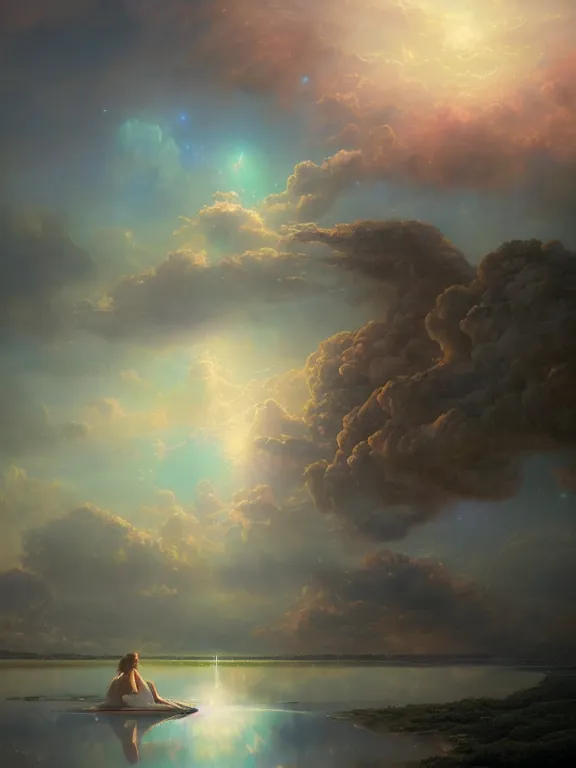 Prompt: a ultradetailed beautiful matte painting of the keeper of the prism of emotion radiating with dreamy colours, magical reflection opening in the sky, oil painting, high resolution 4 k, by tom bagshaw, greg rutkowski, and artgeem