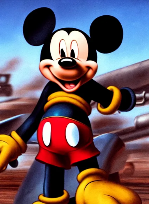 Prompt: portrait of mickey mouse as a scheming crazy warlord in mad max 2 : the road warrior, film still, detailed realism face in painting, detailed beautiful portrait, oil painting masterpiece, 8 k resolution, smooth, sharp focus, trending on artstation, by rembrandt