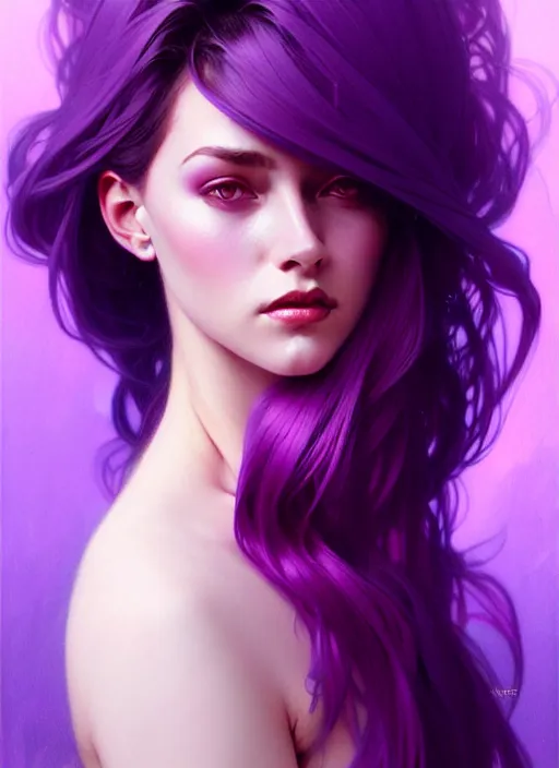 Prompt: Purple hair, creative colouring Portrait of woman, fashion, intricate, elegant, highly detailed, digital painting, artstation, concept art, smooth, sharp focus, illustration, art by artgerm and greg rutkowski and alphonse mucha