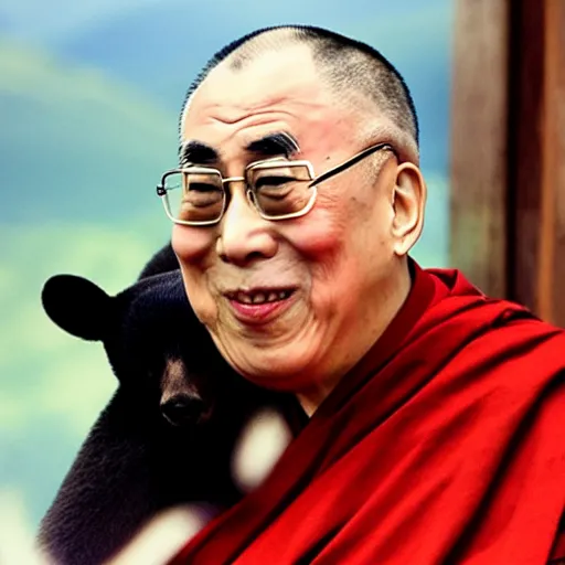 Image similar to kyoto and Dalai Lama smiling at a black bear