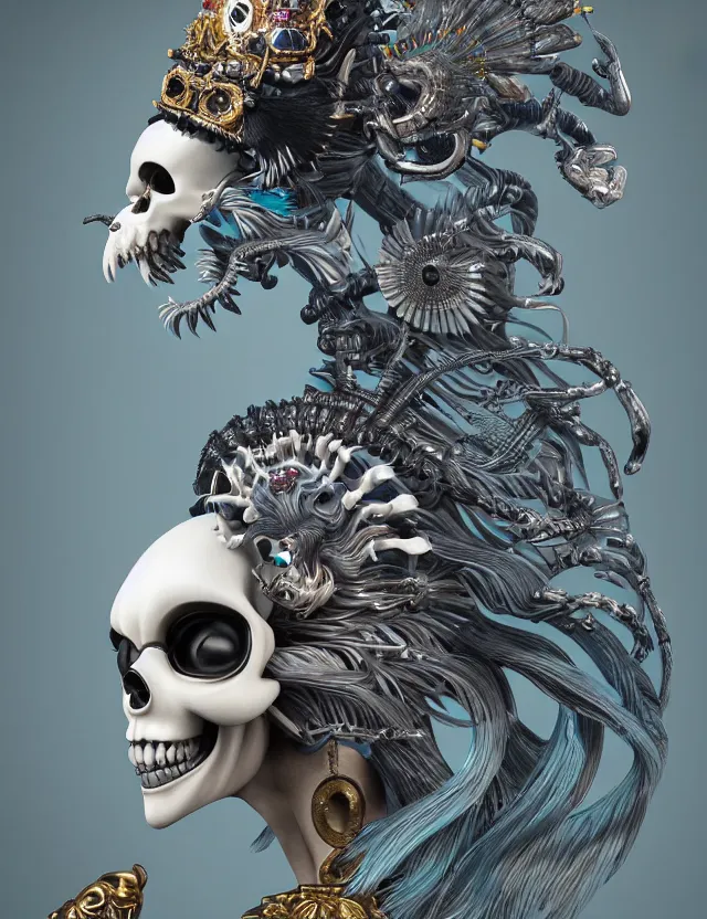 Image similar to 3 d goddess close - up profile skull biohazard portrait with crown, ram skull. beautiful intricately detailed japanese crow kitsune mask and clasical japanese kimono. betta fish, jellyfish phoenix, bio luminescent, plasma, ice, water, wind, creature, artwork by tooth wu and wlop and beeple and greg rutkowski