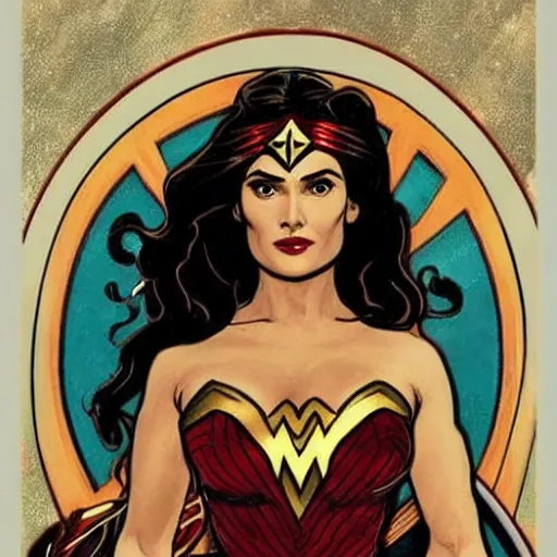 Prompt: salma hayek as wonder woman, mucha style