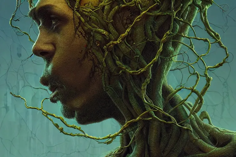 Image similar to an extremely high quality hd, a digital painting of a man with a head full of vines, cyberpunk art by beksinski, featured on zbrush central, fantasy art, apocalypse art, artstation hq, zbrush, 8 k, ultra realistic, very realistic