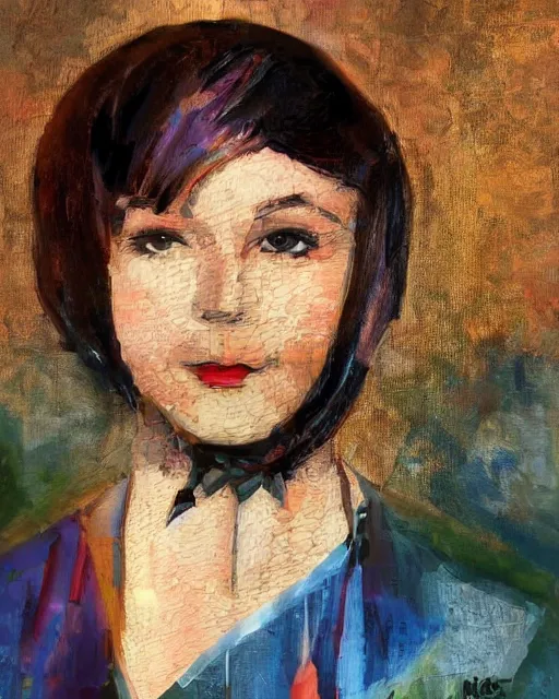 Image similar to full length portrait of 2 0 year old mary louise brooks dancing, shiny bob haircut, dramatic light, abstract art deco city background, air brush art, high contrast, sharp,, painted by ross tran 1 9 2 0 s