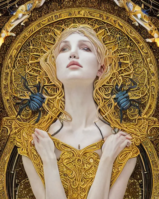 Image similar to white marble, white marble bas relief sculpture, white and gold kintsugi, feminine shapes, crabs, spiders, scorpions, tarantulas, stunning, art by hr geiger and ridley scott and alphonse mucha and josephine wall, highly detailed, intricately detailed, art nuevo, octane, 8 k, trending on artstation
