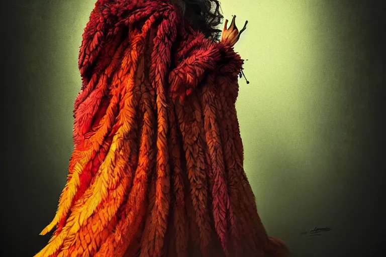 Prompt: editorial illustration by Karolis Strautniekas and Mads Berg, colorful,full body portrait of a forest priestess in a feathered robe,fine texture,detailed, ,film noir, dramatic lighting, dynamic composition,moody, vivid