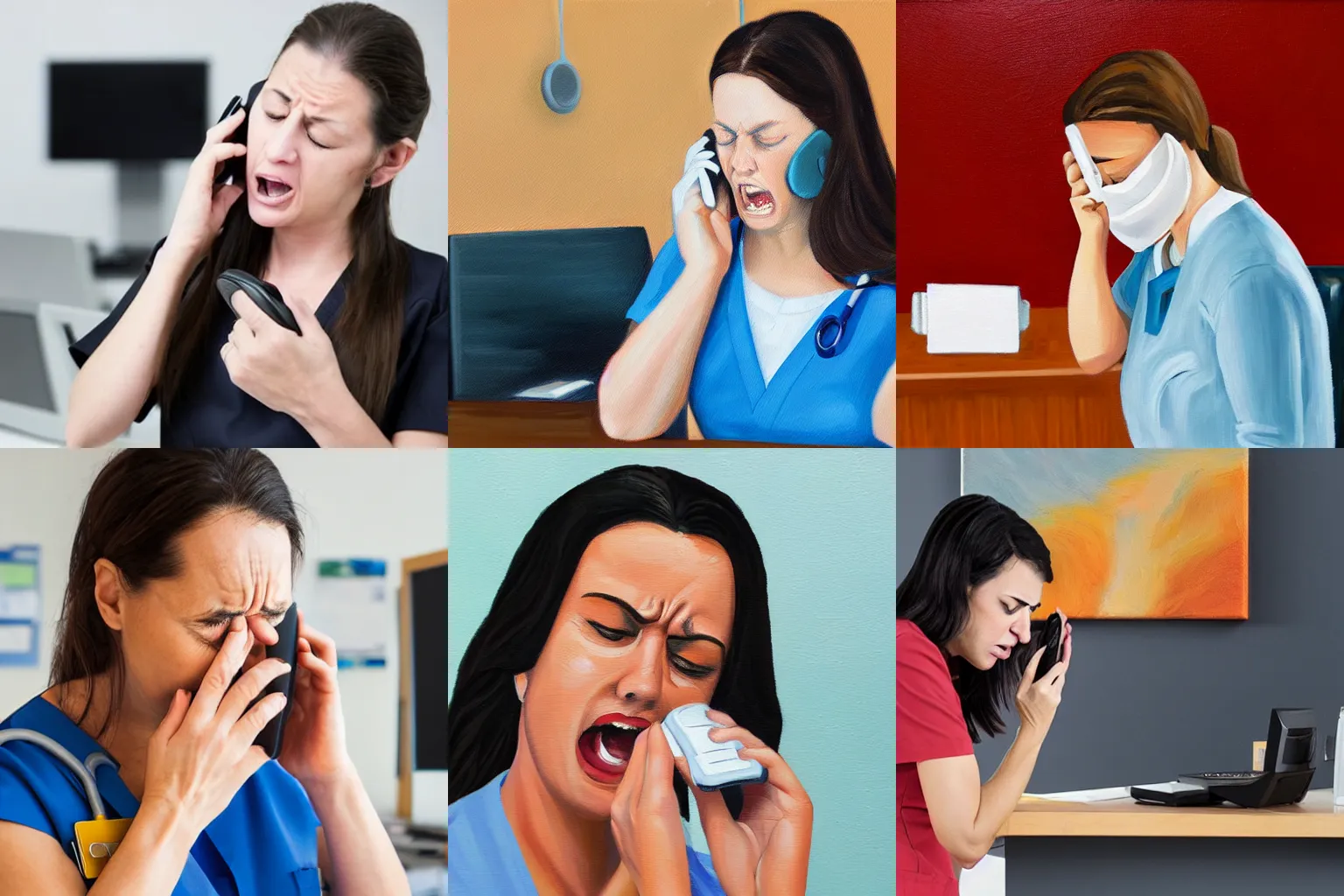 Prompt: vet receptionist frantically crying over several phones ringing oil on canvas