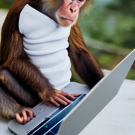Prompt: a monkey wearing a white sweatshirt using a laptop