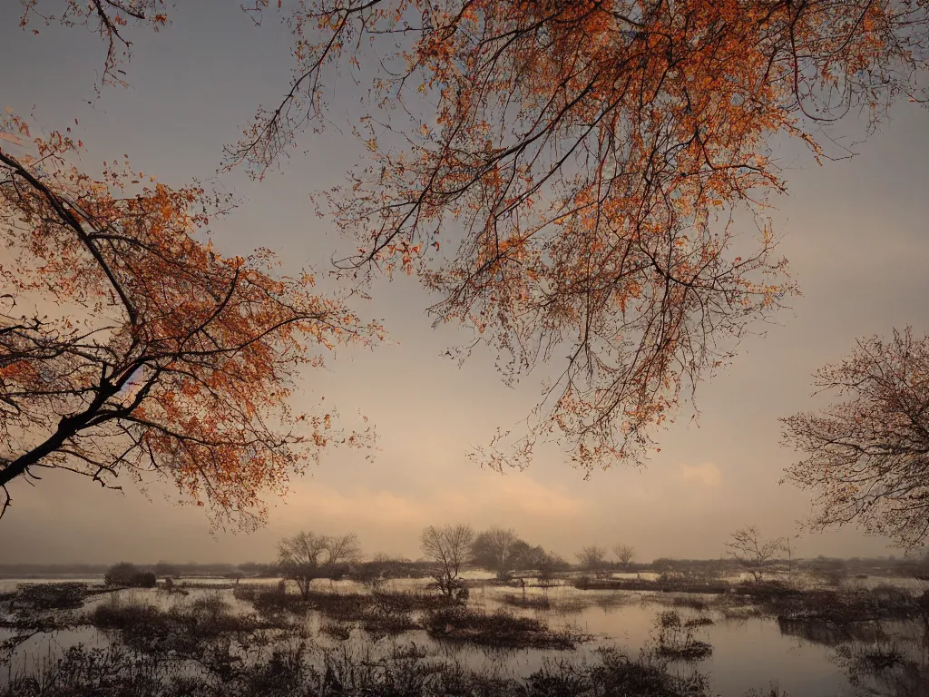 Image similar to rosy clouds fly with lone mallards side by side, autumn waters blend into the hues of th'vast sky, cinematic landscape ， on a snowy day, natural light, by xu beihong