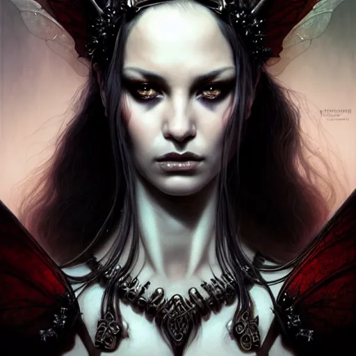 Image similar to portrait of a faerie queen grim dark, dark, piercing eyes, exotic expression, esoteric clothing, photorealistic, highly detailed, mysterious lighting, artstation, smooth, sharp focus, art by michael whelan, artgerm, greg rutkowski and luis royo