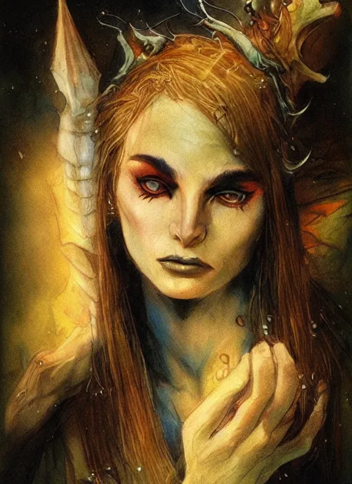 Image similar to portrait of young female sorceress of the endtimes, beautiful! coherent! dungeons and dragons character, by brian froud, strong line, night color, high contrast