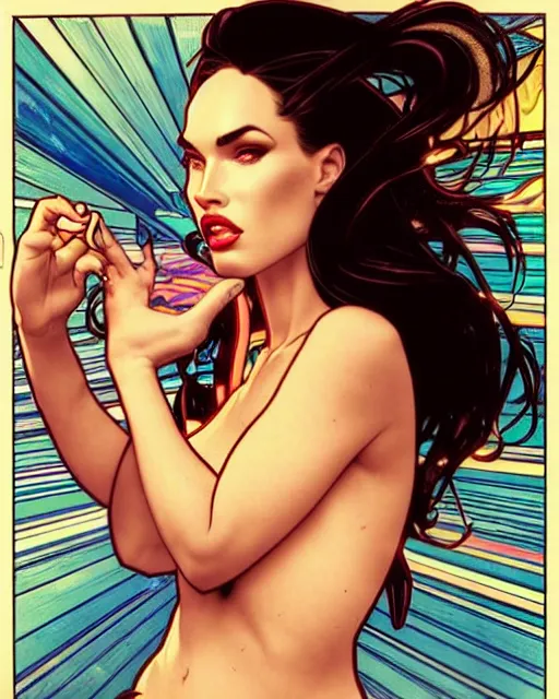 Image similar to low angle closeup very seductive megan fox retro scifi goddess pinup, vr goggles, action glamour pose, windblown dark hair, hyper detailed, digital art, studio lighting, smooth, ambient lighting, sharp focus, frank miller, wlop, anna dittmann, moebius!, alphonse mucha, patrick nagle!!!, rim lighting, synthwave