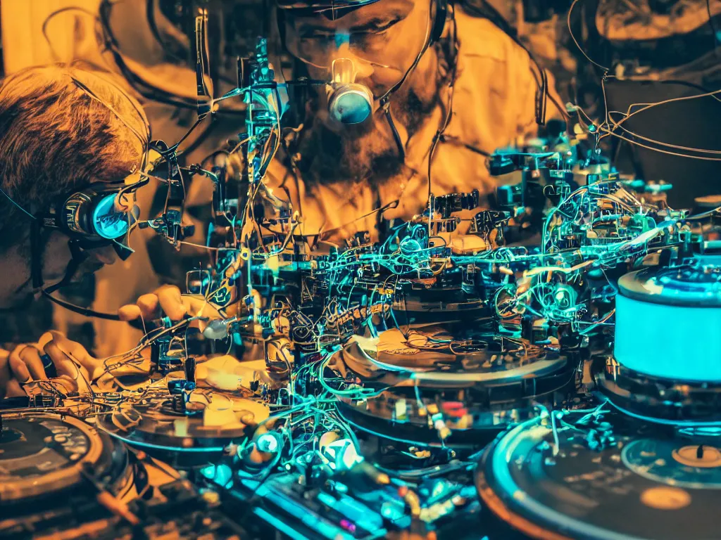 Image similar to a person wearing goggles and visor and headphones using a steampunk record player contraption, wires and tubes, turntablism dj scratching, intricate planetary gears, cinematic, imax, sharp focus, leds, bokeh, iridescent, black light, fog machine, hazy, lasers, hyper color digital art, cyberpunk