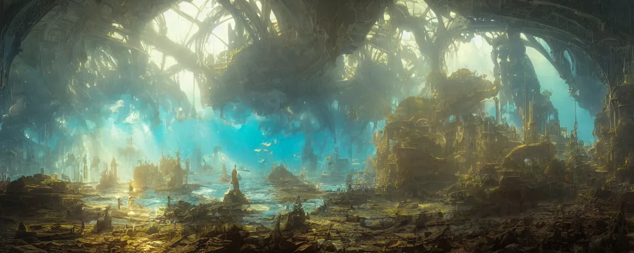 Image similar to a scenic landscaping view of the lost and abandoned city of Atlantic under water, ray of sunlight, mermaids in distance, Greg Rutkowski, Moebius, Mohrbacher, Mucha, blue and gold color scheme, light effect