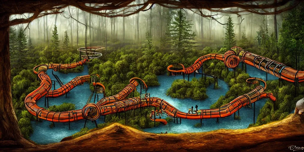 Image similar to pipe factory playground built on a forest lake, award winning art, epic dreamlike fantasy landscape, art print, science fiction, ultra realistic,