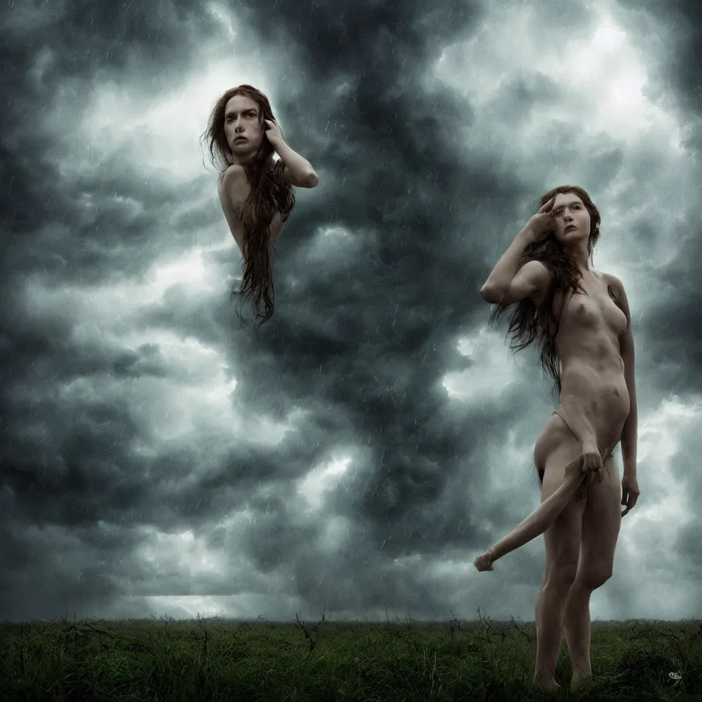 Image similar to head and shoulders cinematic portrait of a forest witch against a stormy sky,, artgerm, gregory crewdson, hyperreal