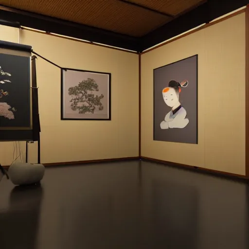 Image similar to still photo of a japanese art room, highly detailed, photorealistic portrait, bright studio setting, studio lighting, crisp quality and light reflections, unreal engine 5 quality render