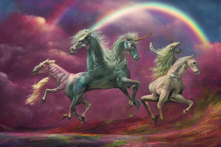 Image similar to A beautiful detailed mate painting Unicorns dancing under a rainbow on a graveyard' by Wayne Barlowe, existential horror, Trending on cgsociety artstation, highly detailed, 8k, masterpiece, in the style of DiscoDiffusion.