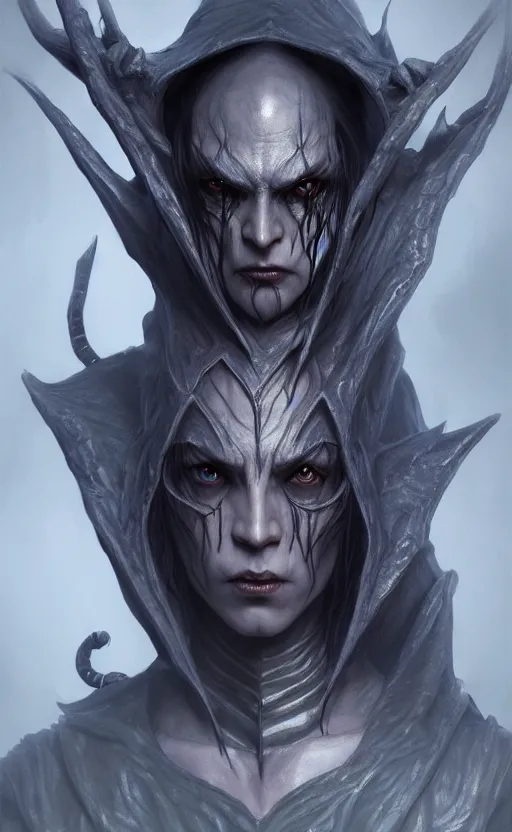 Image similar to legendary creepy dark elf wizard, highly detailed, d & d, fantasy, highly detailed, digital painting, trending on artstation, concept art, sharp focus, illustration, global illumination, ray tracing, realistic shaded, art by artgerm and greg rutkowski and fuji choko and viktoria gavrilenko and hoang lap