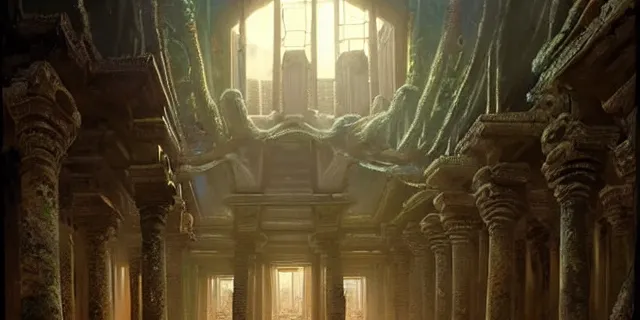 Image similar to beautiful hyperrealistic spectacular painting of the mysterious intricate ruins of the mysterious ancient temple, an advanced alien technology timemachine with a green glowing crystal from the future is inside the temple, by hubert robert and lee madwick and bastien lecouffe deharme, dramatic moonlight lighting, advanced technology