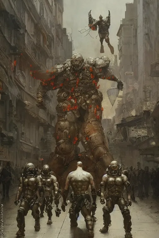 Image similar to soldiers on city street accompany martyn ford as a huge bipedal martian with bulbous torso wearing armour, painted by ruan jia, raymond swanland, lawrence alma tadema, zdzislaw beksinski, norman rockwell, jack kirby, tom lovell, alex malveda, greg staples