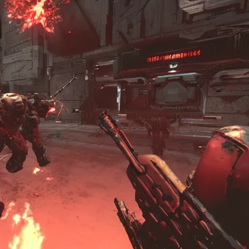 Image similar to real life doom slayer walking on human bloody dead bodies, shooting with heavy bolt rifle towards demons