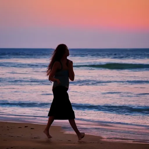 Prompt: lonely young woman wandering a beach at sunset