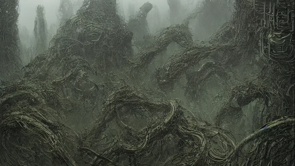 Image similar to Gnarly snakes bursting out of a dark mossy futuristic city, digital art by Zdzisław Beksiński , Ruan Jia, Rudolf Béres, Tsutomu Nihei