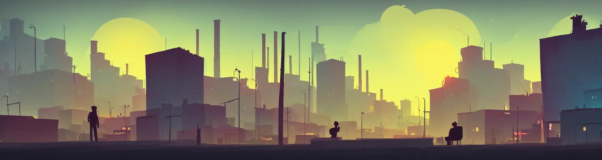 Image similar to a sad solitary old man looks on in the evening sunlight as in the distance a factory is demolished, in the style of anton fadeev