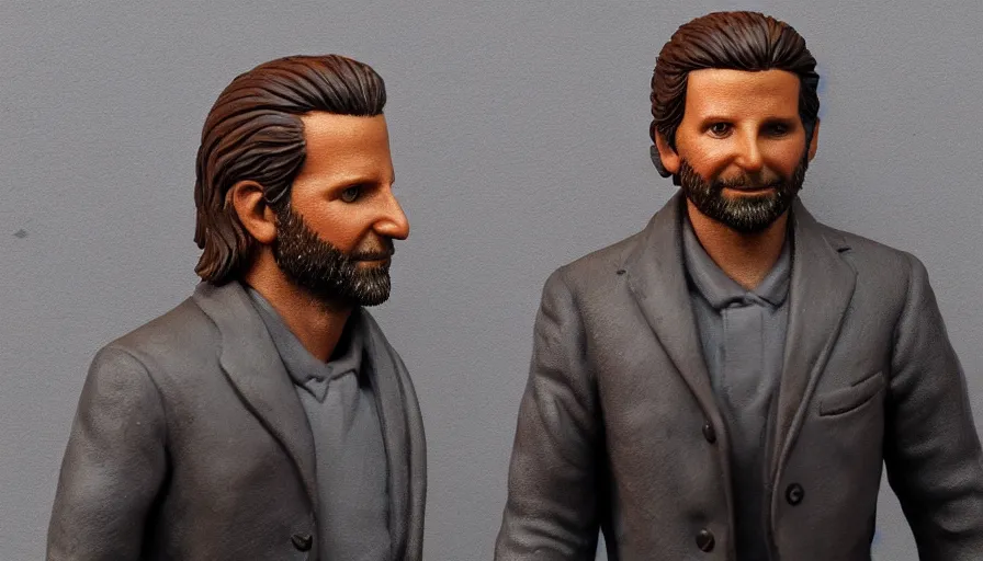 Prompt: bradley cooper hand painted figurine, grey background with figurine's box, hyperdetailed, artstation, cgsociety, 8 k