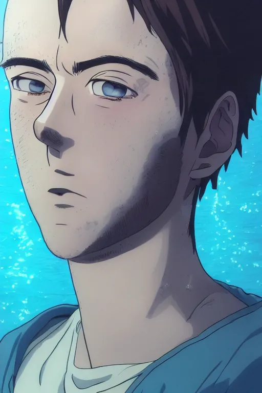 Prompt: Kodak portra 160, 8K, highly detailed, seinen manga portrait, focus on face: famous french actor in low budget anime remake, underwater scene