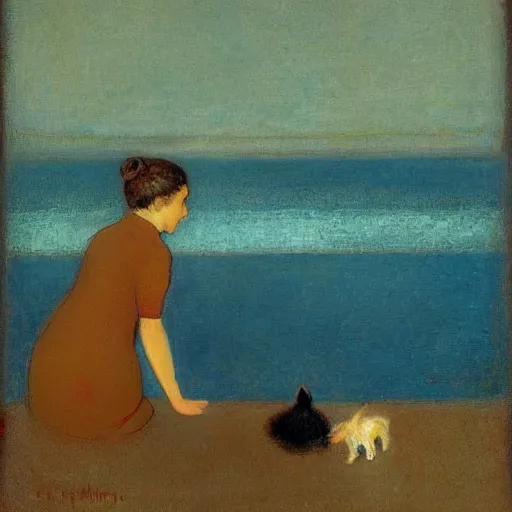 Image similar to a woman and her black and brown chihuahua looking out to sea by odilon redon