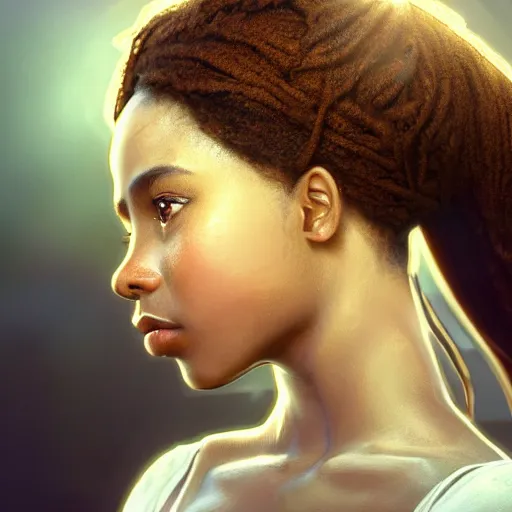 Image similar to a photorealistic hyperrealistic, bright brown eyes, light skinned african american young girl, ponytail hair, flawless face, beautiful lips, cute face, gorgeous white veil, by wlop, artgerm, greg rutwoski, alphonse mucha, beautiful dynamic dramatic low - light moody lighting, cinematic atmosphere, artstation, concept design art, octane render, 8 k