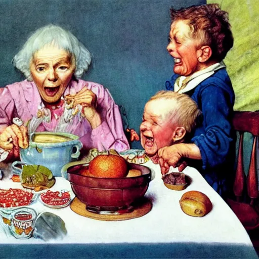 Prompt: hyper realistic hight detailed grandmother with a big mouth eating babies and william blake on the table in the russian kitchen, by norman rockwell, bright colors, 4 k, 1 6 k, 3 2 k, photorealistic, cartoon style