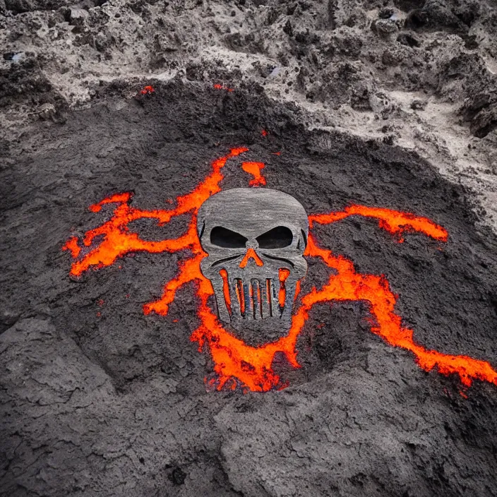 Prompt: wide angle scene of volcano caldera in the form of the punisher skull icon. punisher icon is lava lake with flowing fountains and rivers of lava. detailed, high art, intricate, artisan