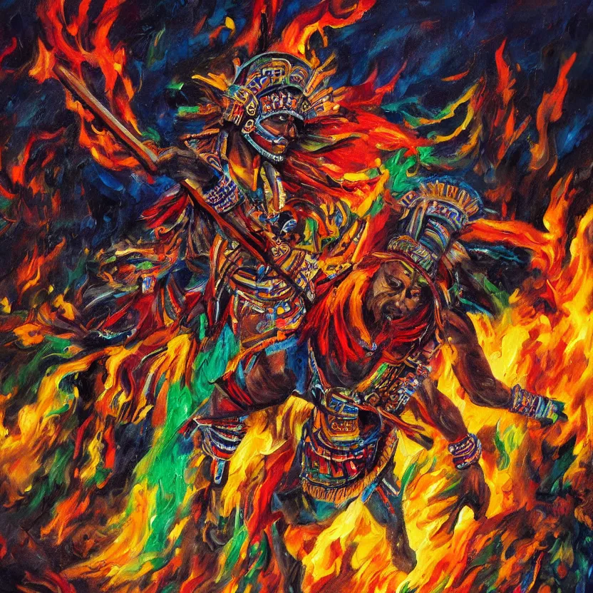 Image similar to colorful oil painting of an aztec warrior running away from a fire
